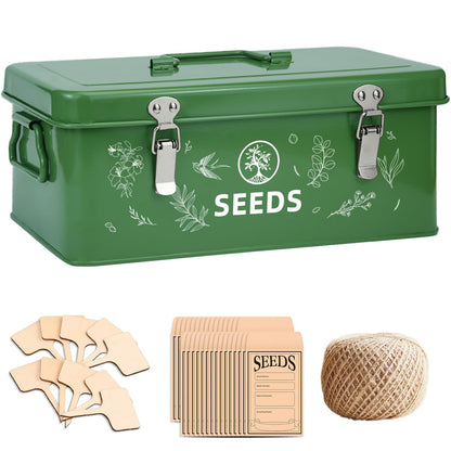 QINSDESIGNS Seed Storage Box, Seed Storage Organizer with Garden String, 30 Seed Envelopes and Bamboo Plant Labels