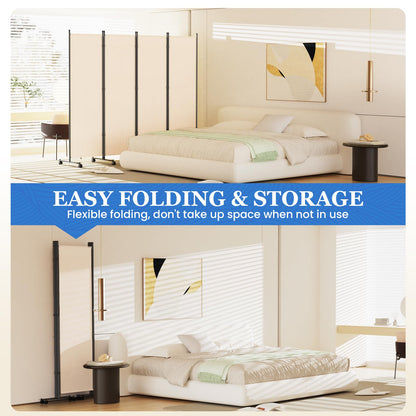 6 Panel Room Divider 183CM Folding Privacy Screens with Lockable Wheels