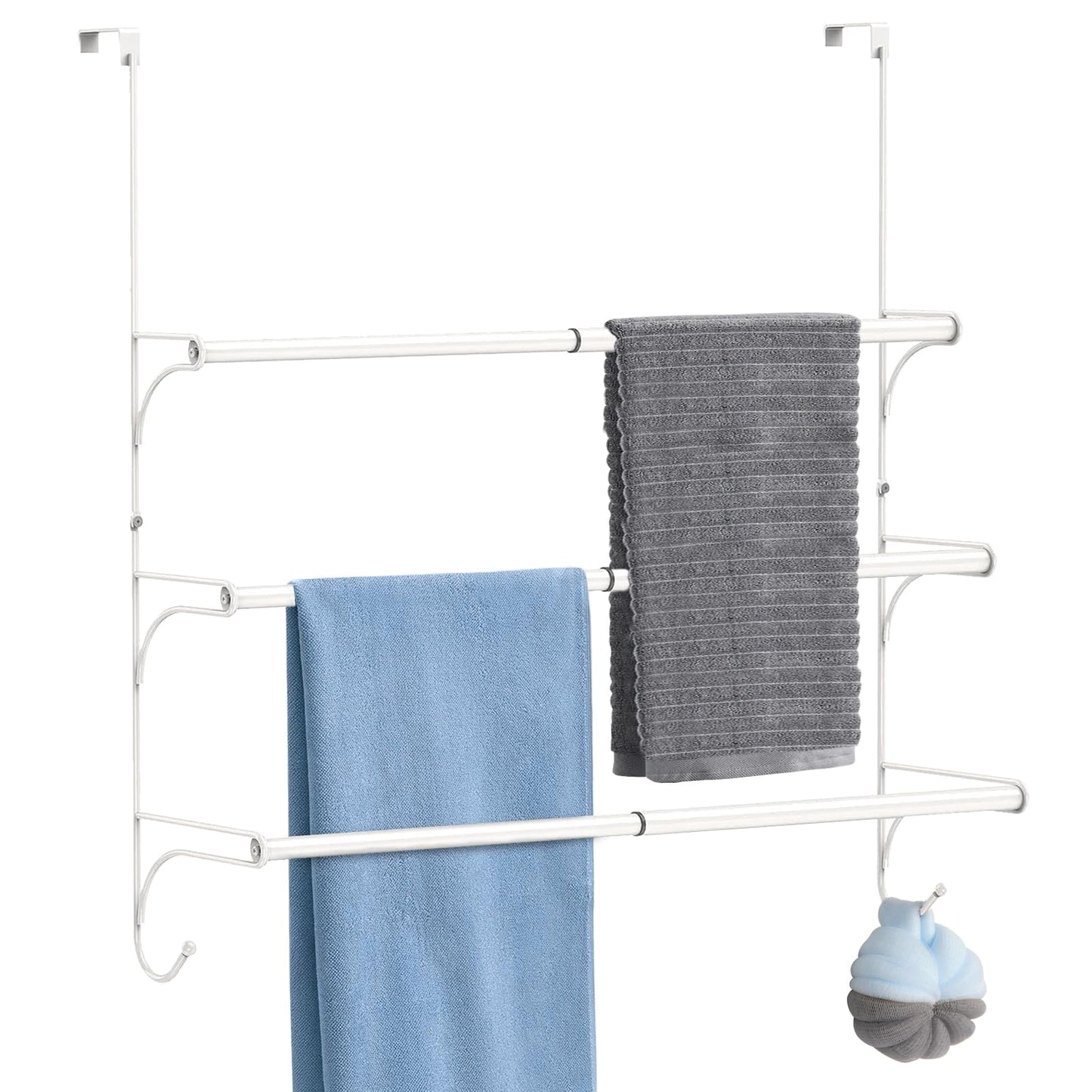 3 Tier Over the Door Towel Rail, Hanging Towel Rack for Bathroom, Adjustable Towel Holder with 2 Hooks for Storage Drying Towels Clothes, White