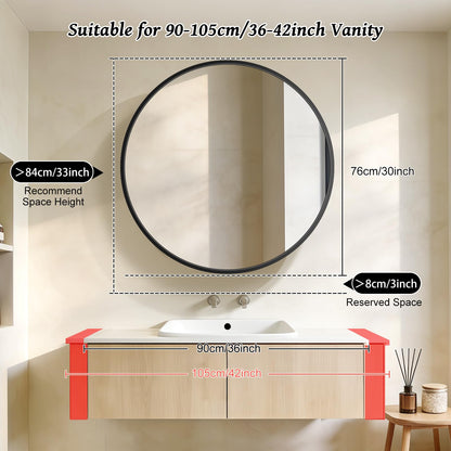 Janboe Round Mirror Cabinet,Aluminum Framed,Soft Close Hinge,76cm,Black
