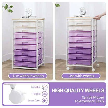 SYKIARIOL 8 Drawers Rolling Storage Trolley, Utility Storage Cart on Lockable Wheels with Plastic Drawers, Multipurpose Mobile Organizer Unit for