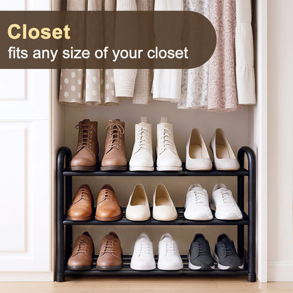 MIKVOYO 3 Tier Extendable Shoe Rack, Black Metal Narrow Adjustable Shoe Storage Stand Racks for Inside Wardrobe Closet, Small Spaces, Hallway