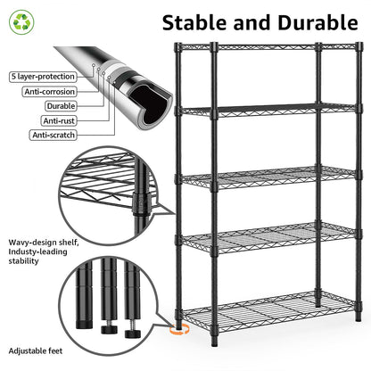 M MZG Height Adjustable Shelves,Heavy Duty Wire Pantry Shelving for Tool Sheds, Garage, and Storehouse,Metal,Black,5 tier, 35 x 60 x 158.7 cm