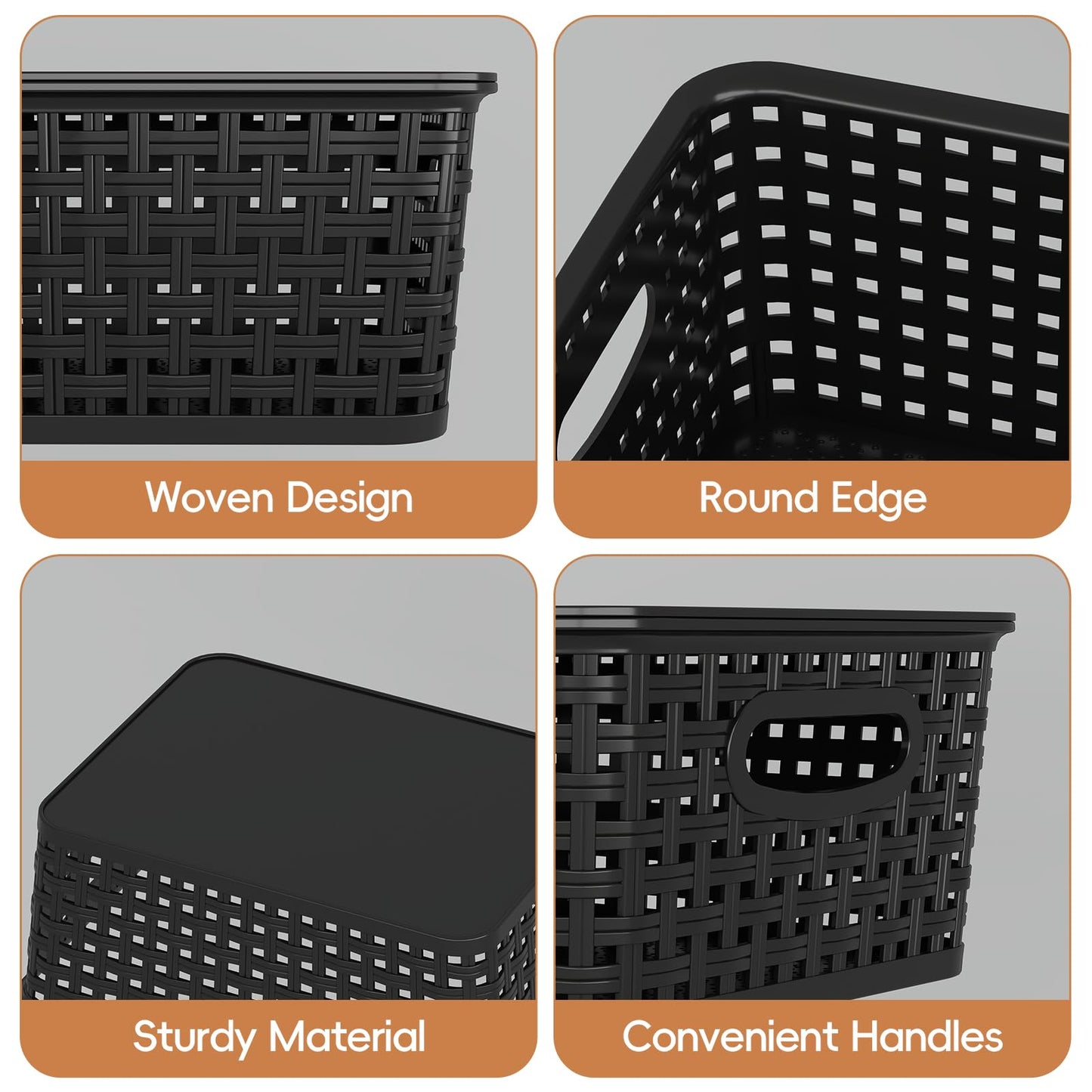 Parlynies Plastic Weave Baskets with Lid, Set of 6 Small Pantry Storage Basket, Black