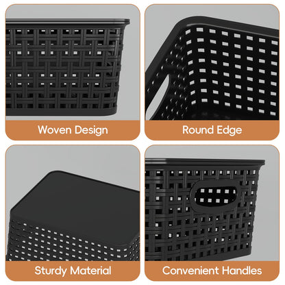 Parlynies Plastic Weave Baskets with Lid, Set of 6 Small Pantry Storage Basket, Black