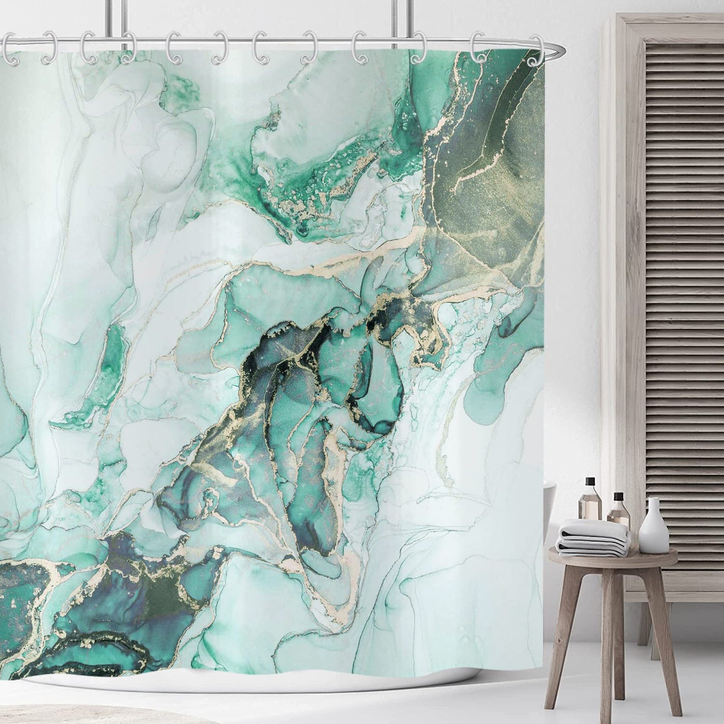 ASDCXZ Shower Curtain Marble 180x200 cm, Modern Abstract Turquoise Gold White Marble Optic Texture Washable Fabric Shower Curtains Polyester Textile