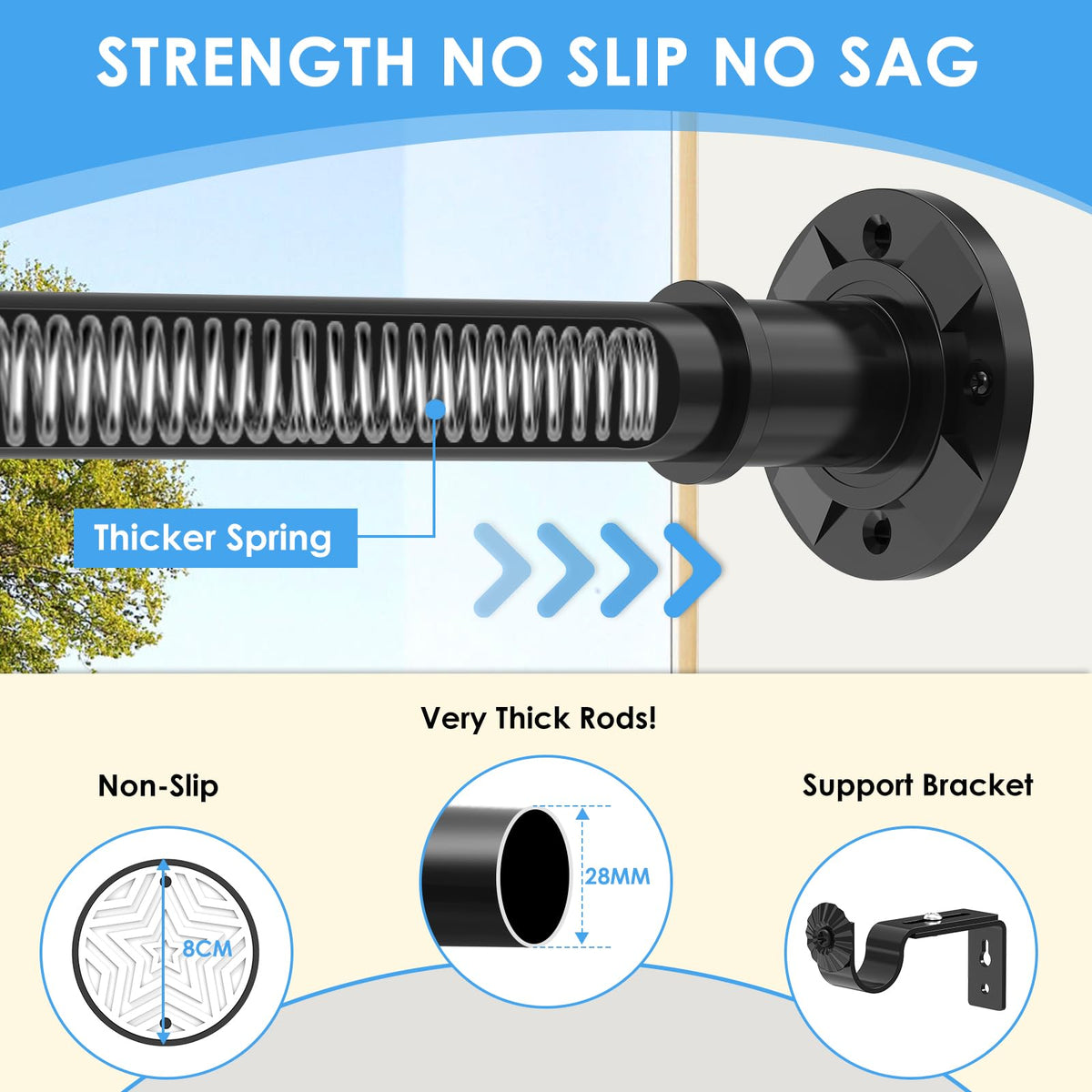 Black Shower Curtain Pole 78-313 cm, Extendable Tension Rod 28mm