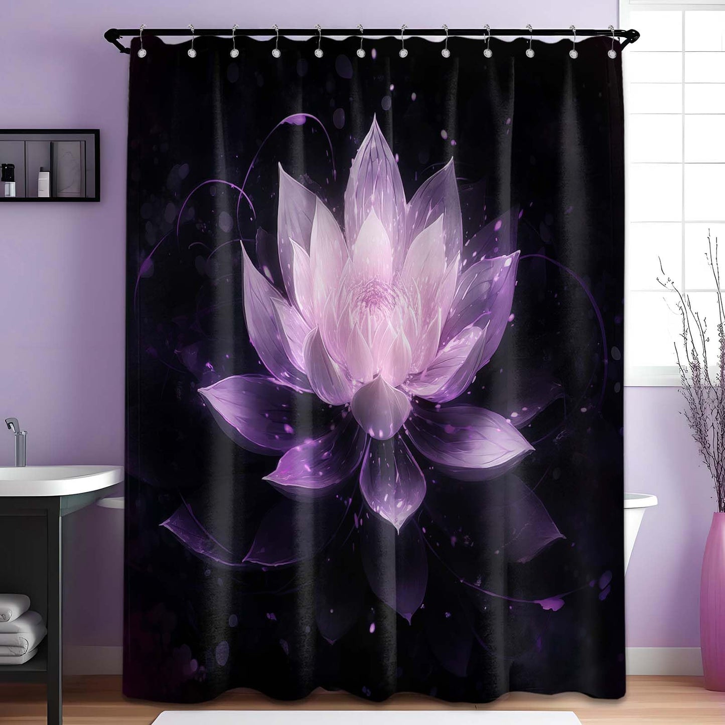 LanZanthic Lotus Shower Curtains for Bathroom Black and Purple Floral Spa Zen Wet Room Shower Curtain, Washable, Waterproof, Cloth Fabric, 180 x 180