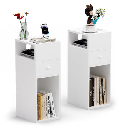 VOUNOT® Slim Bedside Table Set of 2, Narrow Wood Bedside Cabinet with Drawer and Open Shelf, Small Bedside Unit, Thin Nightstand for Bedroom