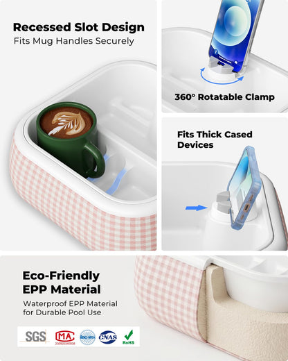 Viozon Couch Cup Holder Tray with Phone Stand, For 4-4.7" Device, Floating Bathtub&Pool Caddy, EPP Foam Sofa Arm Tray
