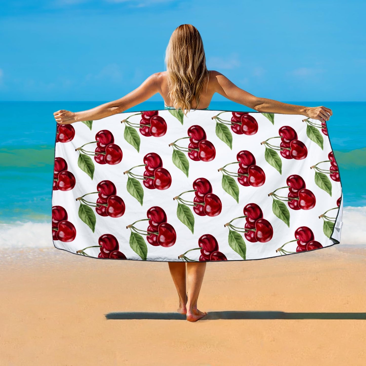 Violetpos Cherry Print Beach Towel, Extra Large 180x90 cm 250GSM Microfibre, Sand Free Quick Dry