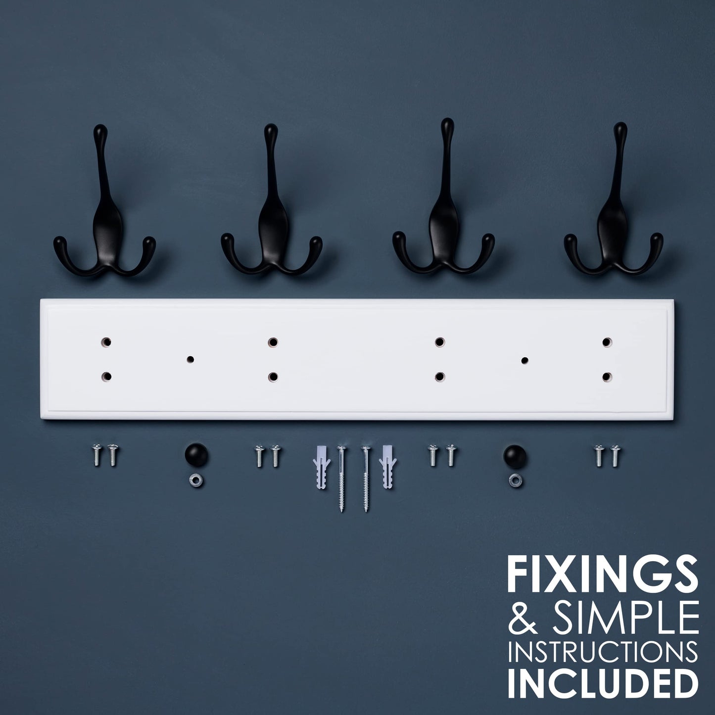 LARHN White Wall-Mounted Coat Rack - 4 Black Coat Hooks, 42cm