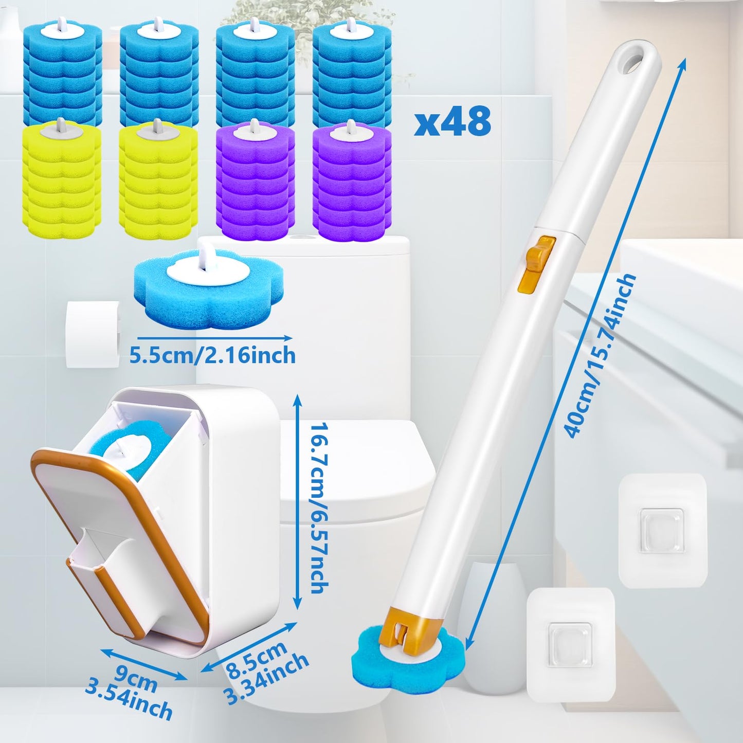 Disposable Toilet Brush with 48 Cleaner Refills, Toilet Brush Disposable with Wall Mounted Holder and Extended Handle for Showers and Bathroom