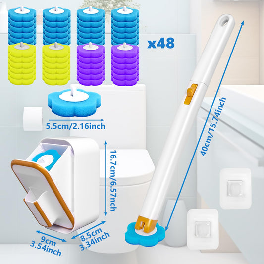 Disposable Toilet Brush with 48 Cleaner Refills, Toilet Brush Disposable with Wall Mounted Holder and Extended Handle for Showers and Bathroom