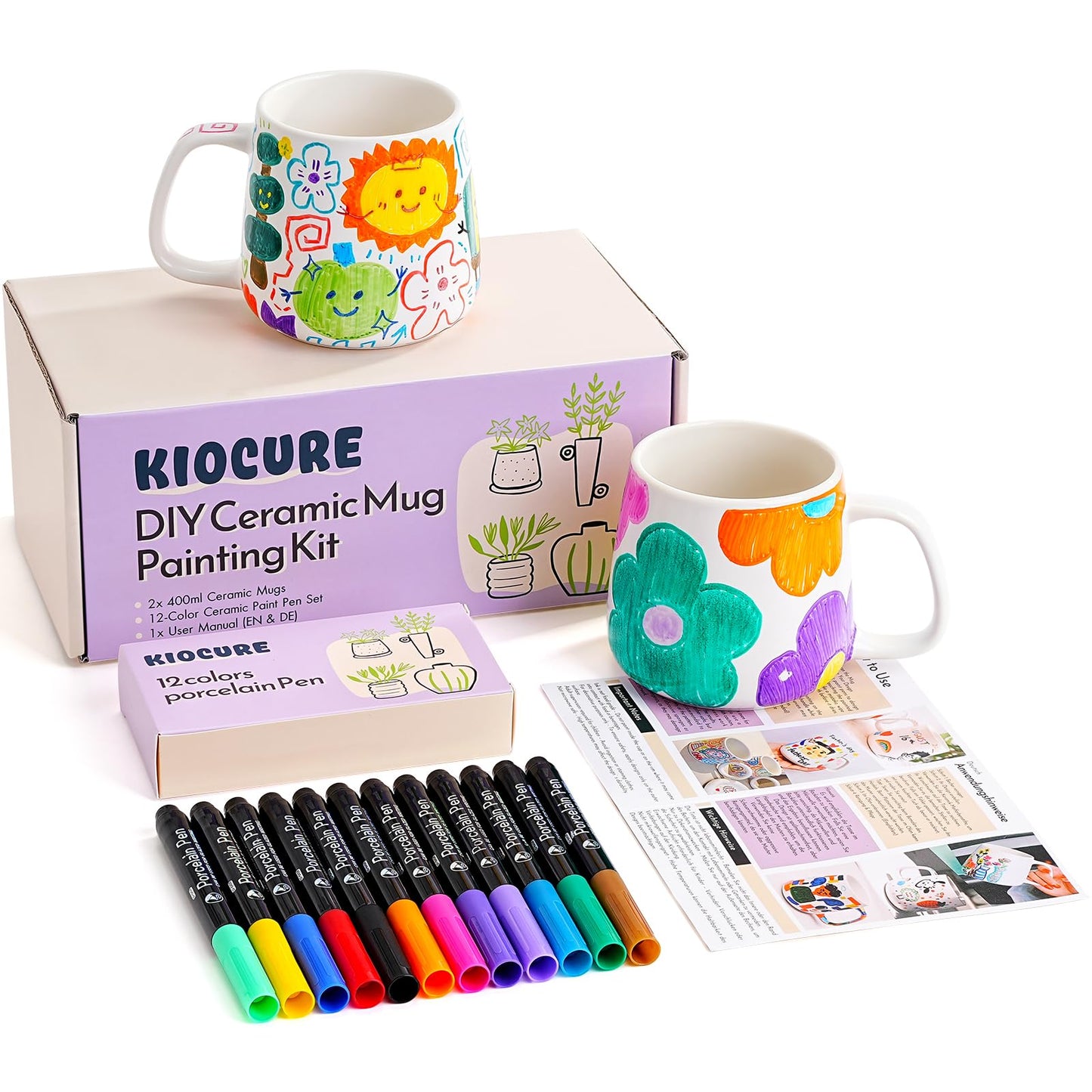 Kiocure Ceramic Cup Painting Set: 2x White Porcelain Cup & 12x Porcelain Pens Dishwasher Safe, DIY Creative Gift Set for Adult Crafting