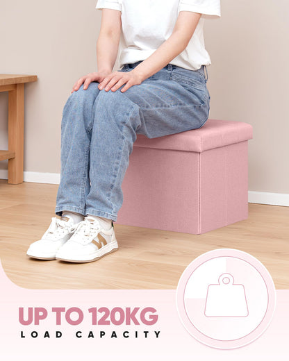 Bonlife Storage Ottoman, Folding Small Foot Rest,Toy Chest Storage Footrest Seat, Footstool for Living Room, Bedroom, Dorm, Fabric,Pink,42x32x32cm