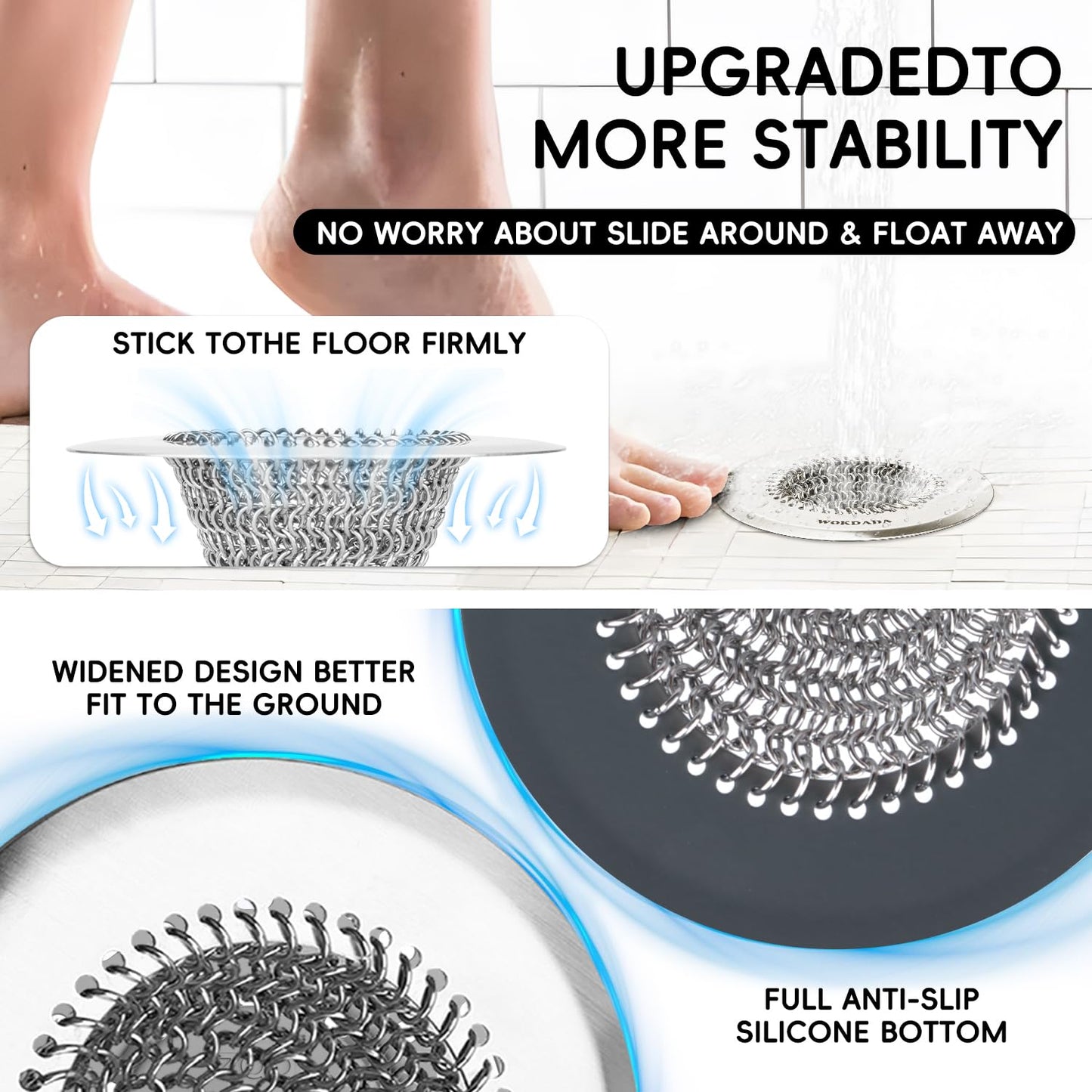 2 Pack WOKDADA Shower Drain Cover, Fast Drainage Hair Catcher for Shower Drain, Reversible 304 Stainless Steel Drain Protector, Fits Shower, Bathtub