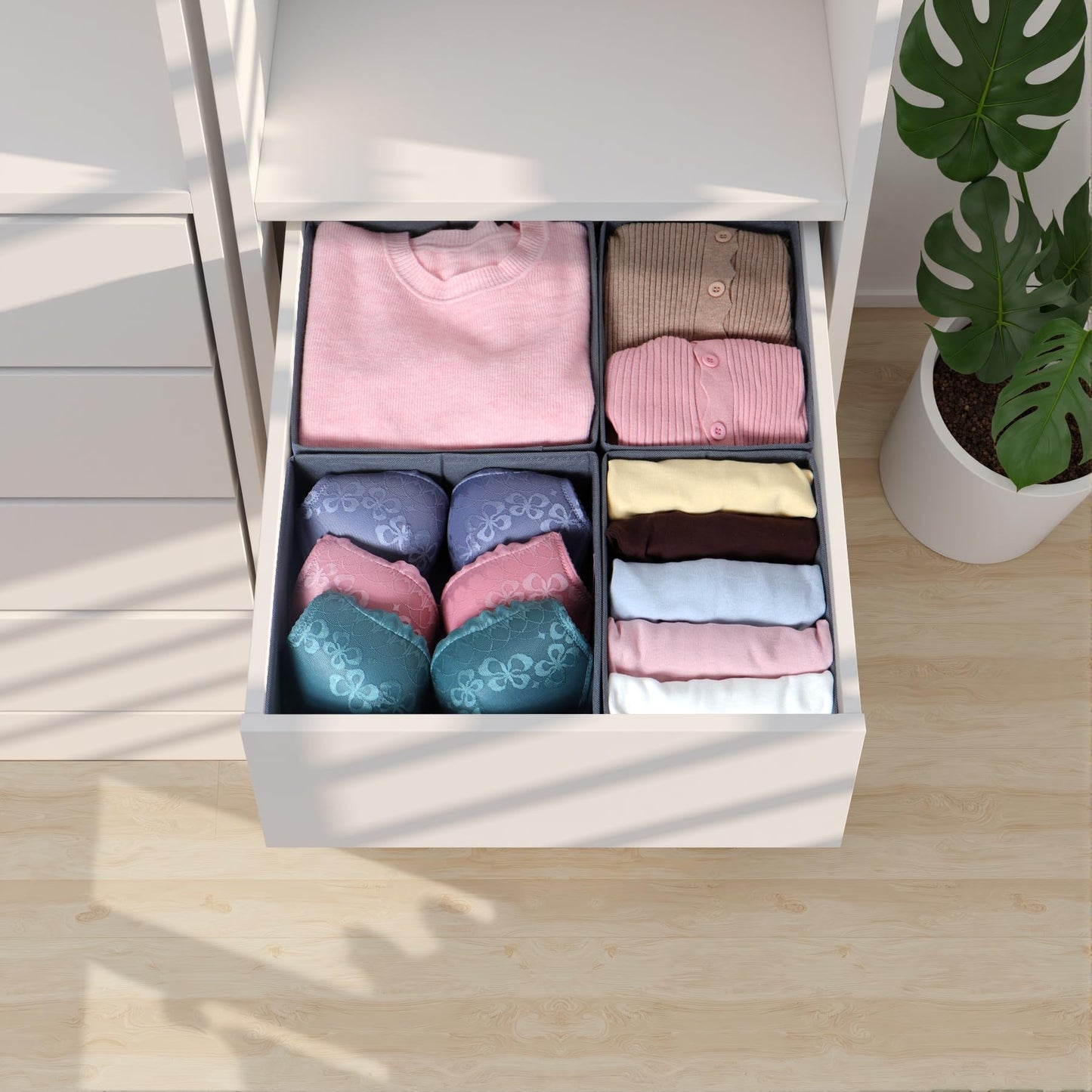 ORLISA Drawer Organiser for Clothes, Compatible Fit, Sturdy Base, Foldable, Storage Box, Cupboard Organiser for Baby Clothes, Pack of 4