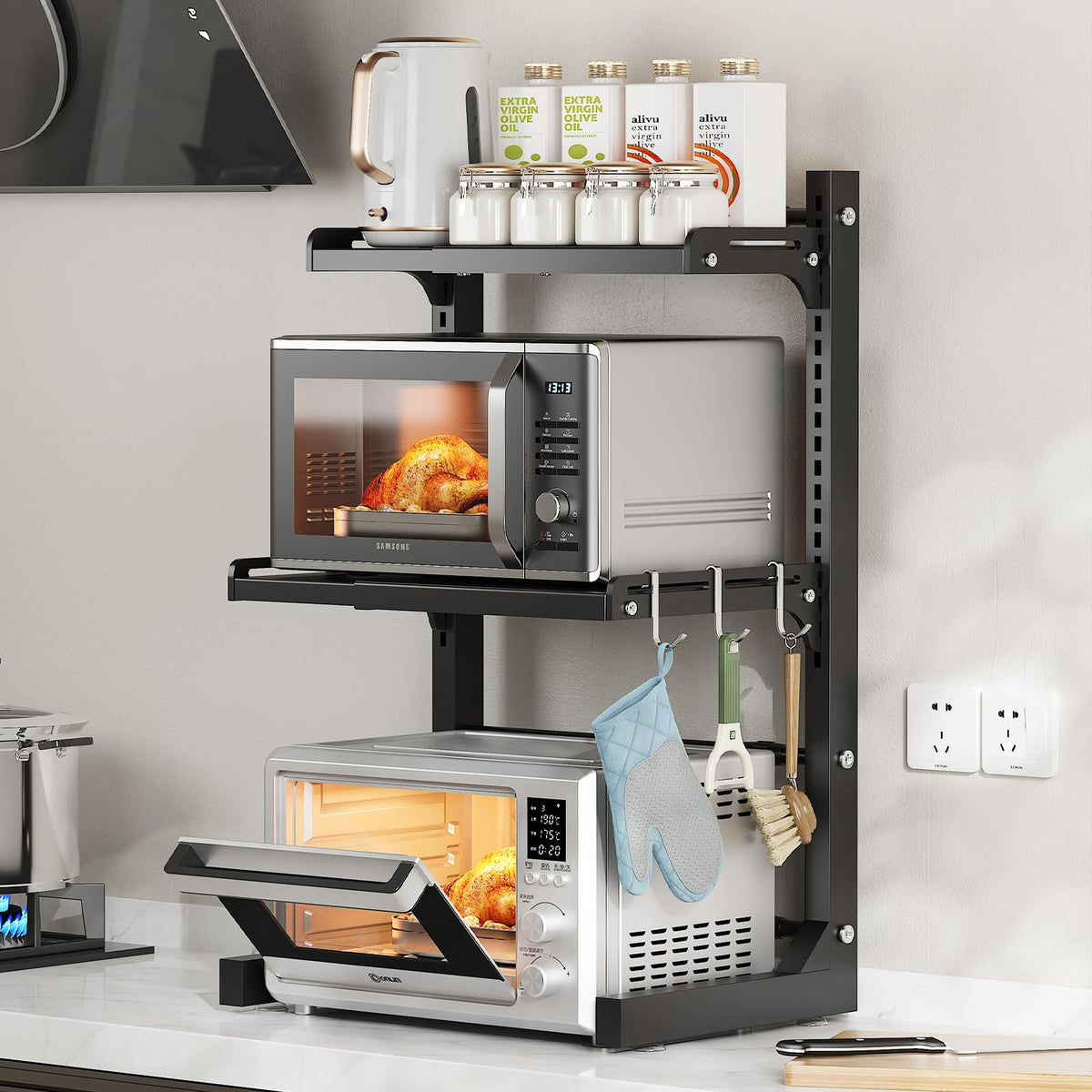 ABCOOL Retractable Adjustable 2 Axial Kitchen Baker Microwave Oven Rack, 2 Tier Expandable and Height Adjustable Carbon Steel Shelf Counter