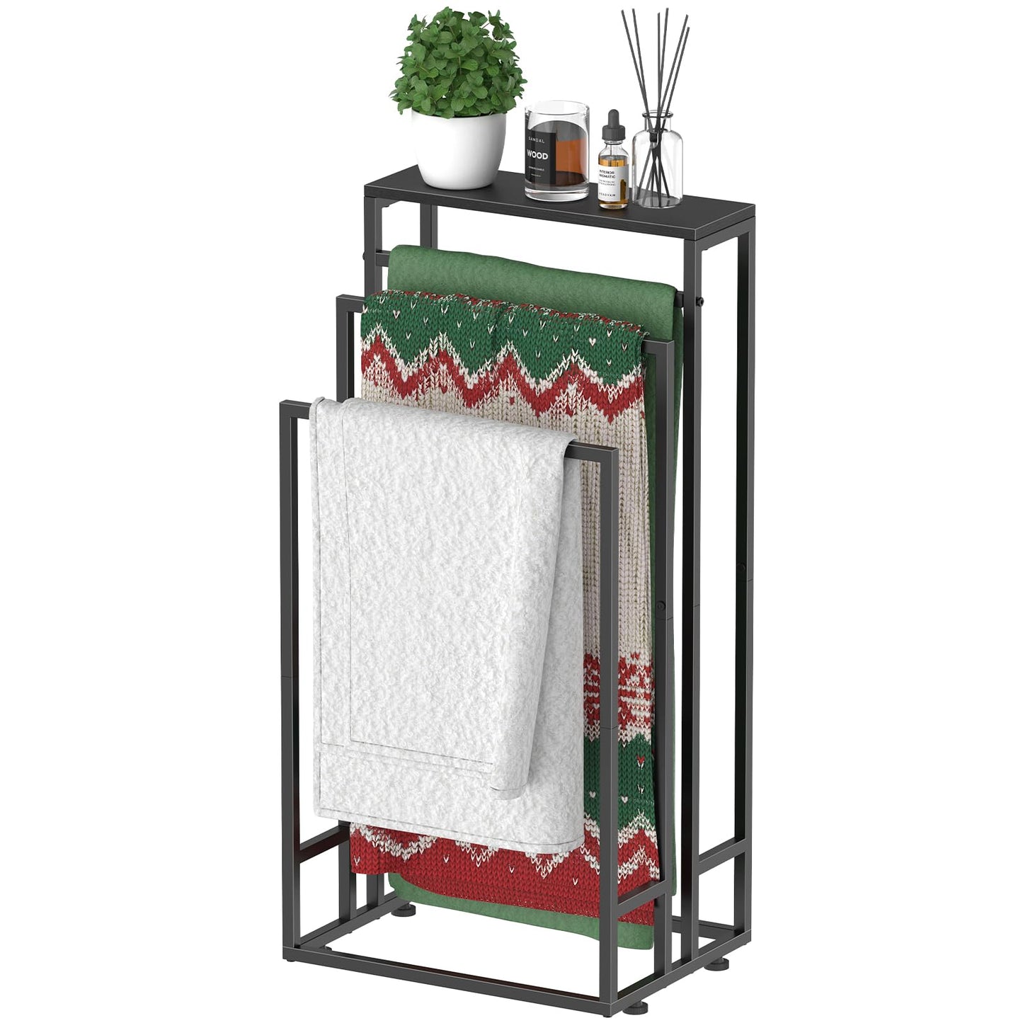 LIANTRAL Freestanding Towel Rail, 3 Tier Bath Towel Rack with Storage Shelf, Indoor Outdoor Towel Storage Stand, Hand Towel Drying Rack for Bathroom,