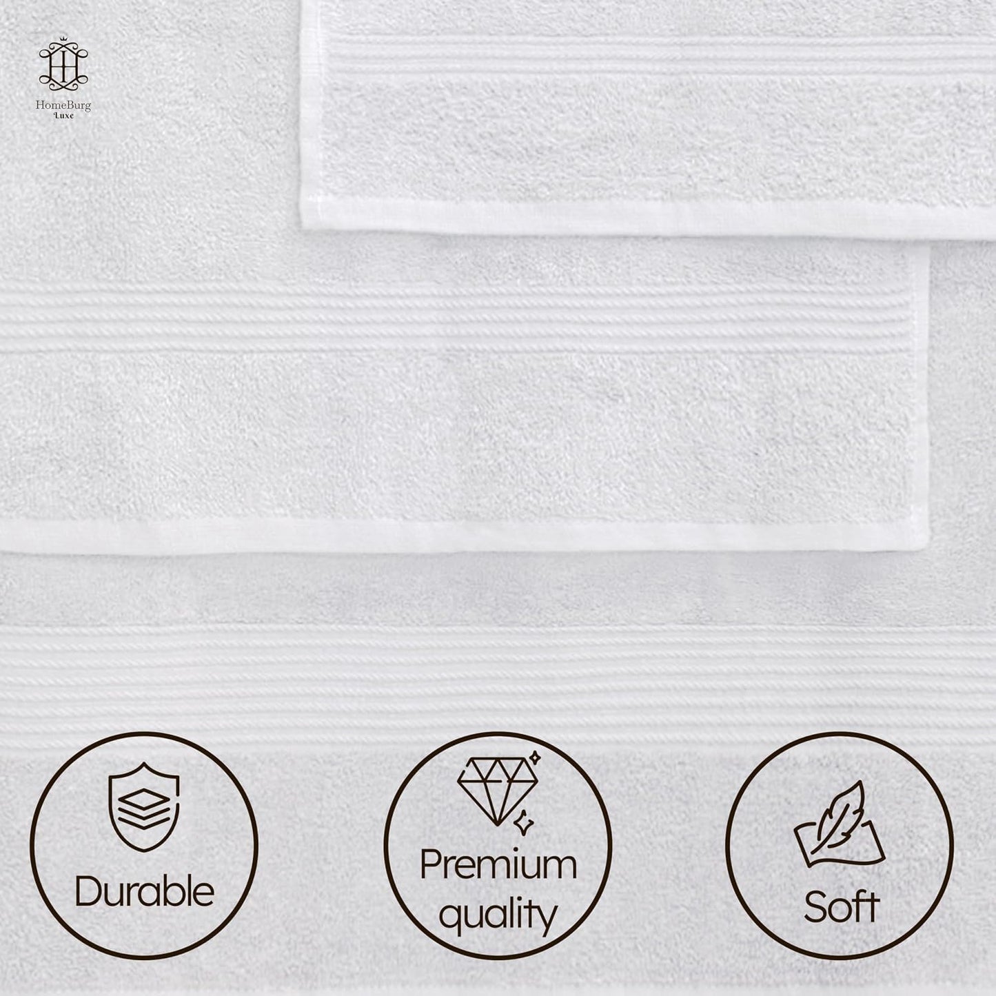 HomeBurg Luxe Set – Washcloths (30 x 30cm), Hand Towels (40 x 70cm) & Bath Towels (65 x 137 cm) – 100% Cotton, Soft, Absorbent, Easy Care, Versatile