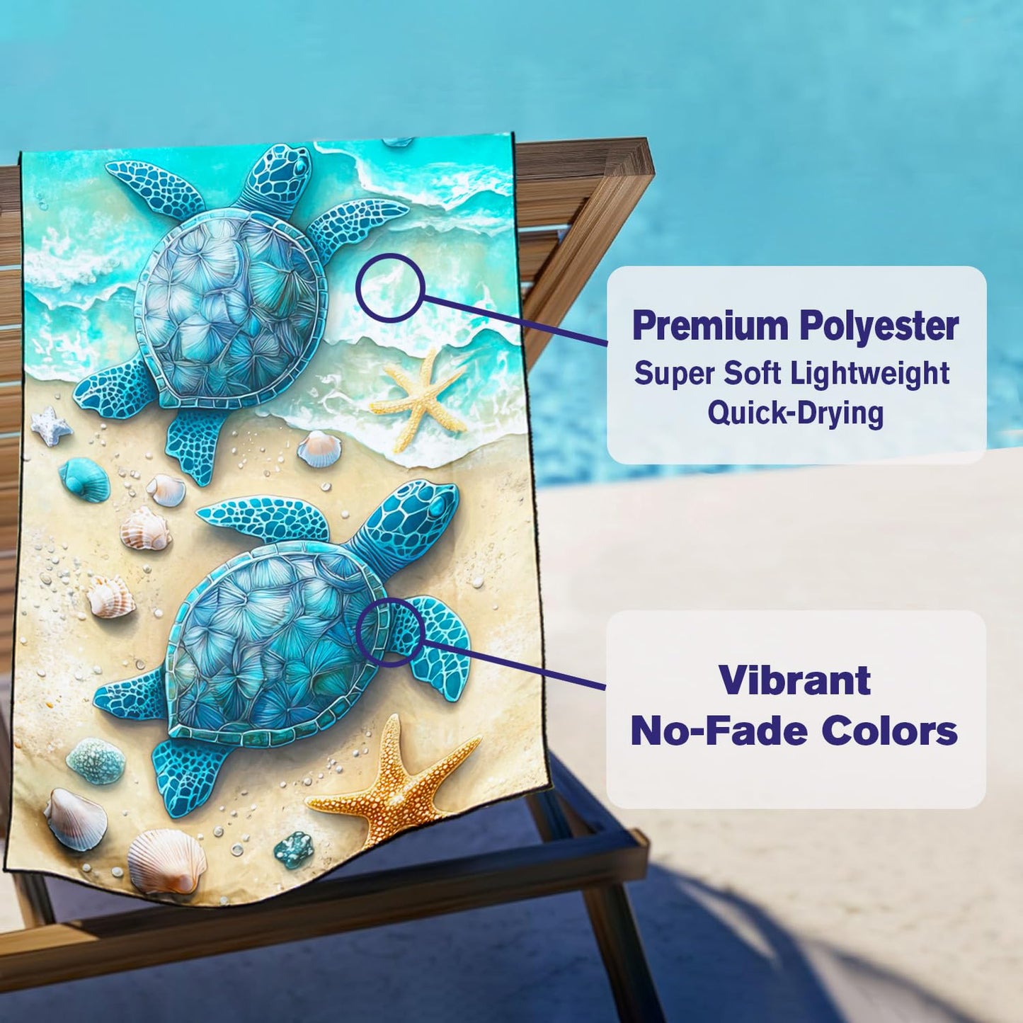 Violetpos Twin Sea Turtles & Shells Beach Towel, Extra Large 180x90 cm 250GSM Microfibre, Sand Free Quick Dry