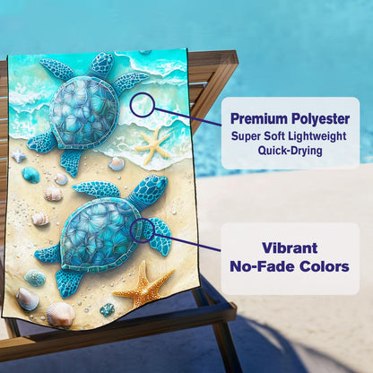 Violetpos Twin Sea Turtles & Shells Beach Towel, Extra Large 180x90 cm 250GSM Microfibre, Sand Free Quick Dry