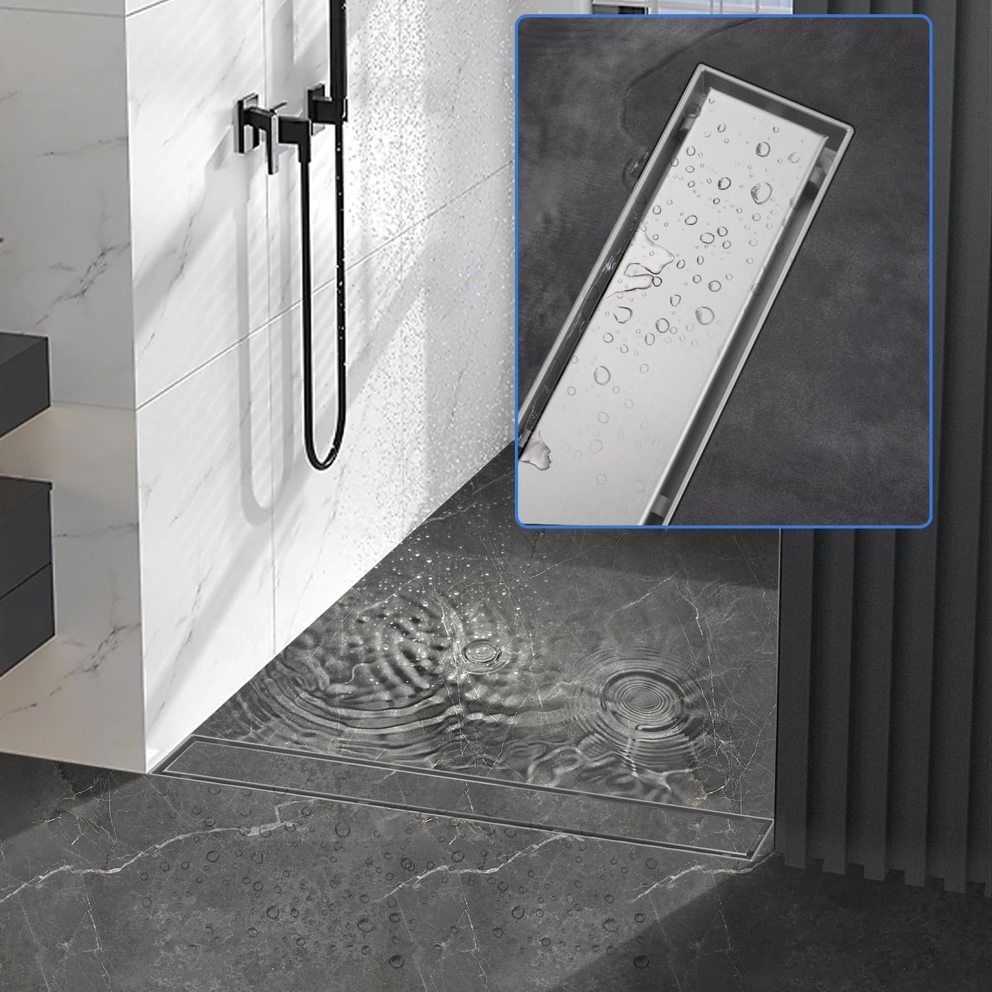 iYueMps Linear Shower Drain 300mm Stainless Steel 2-in-1 Tile Insert-Silver