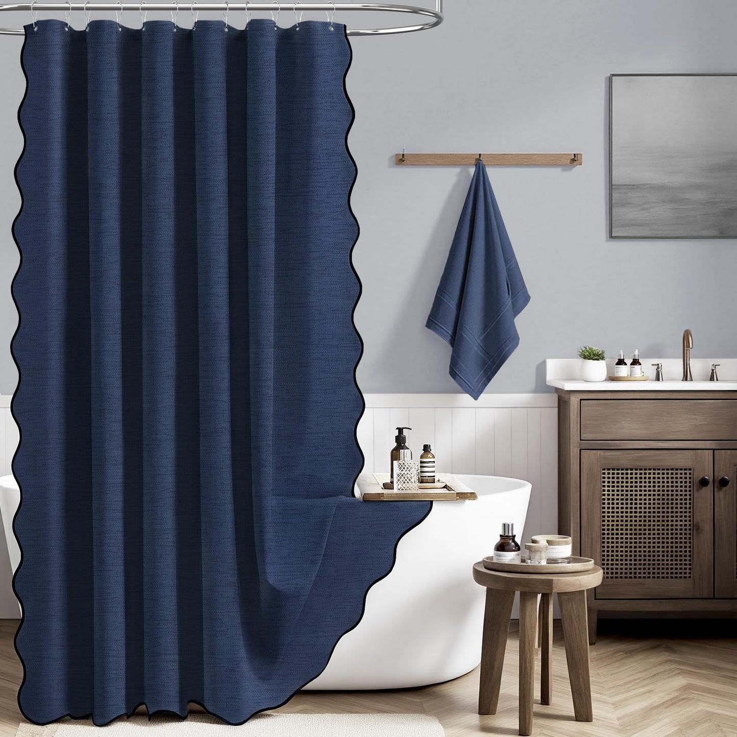 BTTN Extra Long Scalloped Shower Curtain, Waterproof, 184x245cm, Navy Blue
