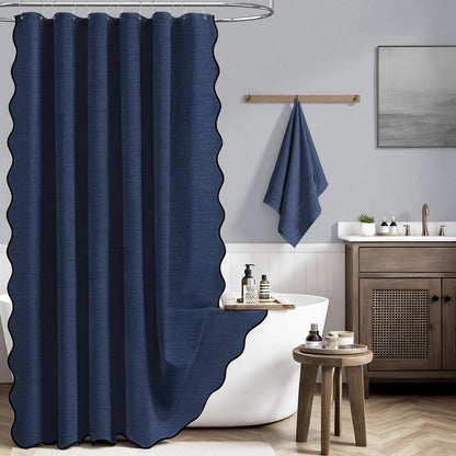 BTTN Extra Long Scalloped Shower Curtain, Waterproof, 184x245cm, Navy Blue