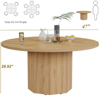 HSH Wooden Round Dining Table for 4, Modern Farmhouse Wood Dinner Table with Octagon Pedestal Base, Circular Kitchen Dining Room Table for Home