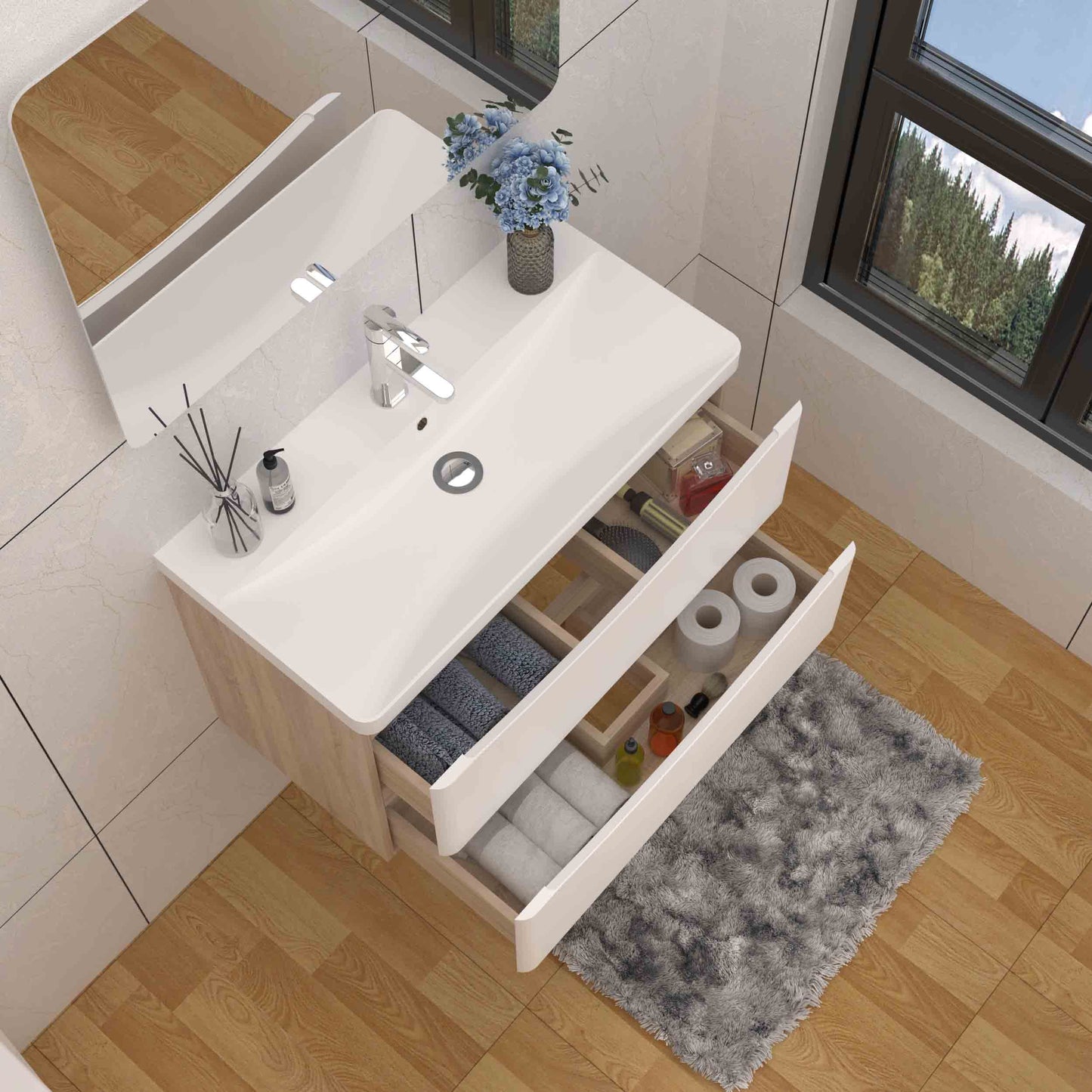 800mm Wall Hung Bathroom Vanity Basin Unit Matt White 2 Soft Close Drawers Bathroom Furniture Set