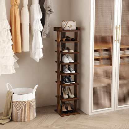 HOME BI 7-Tier Narrow Shoe Rack,Corner Shoe Tower, Slim Shoe Organizer, Wooden Shoe Storage Stand for Entryway, Hallway, Closet, Rustic Brown
