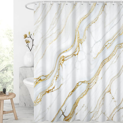 GCIREC Shower Curtain, 180x200cm, Gold and White Marble Modern Crack Luxury Texture Ink Waterproof Fabric Machine Washable Bathroom Curtain with Hooks