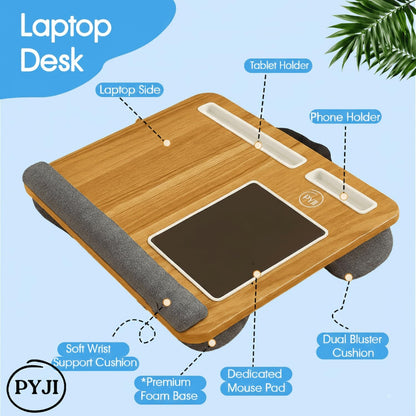 PYJI Lap Desk Wooden Laptop Tray with 5 Cable Holders, Portable Laptop Stand for Bed with Cushion, Lightweight Laptops desk for Sofa & Bed