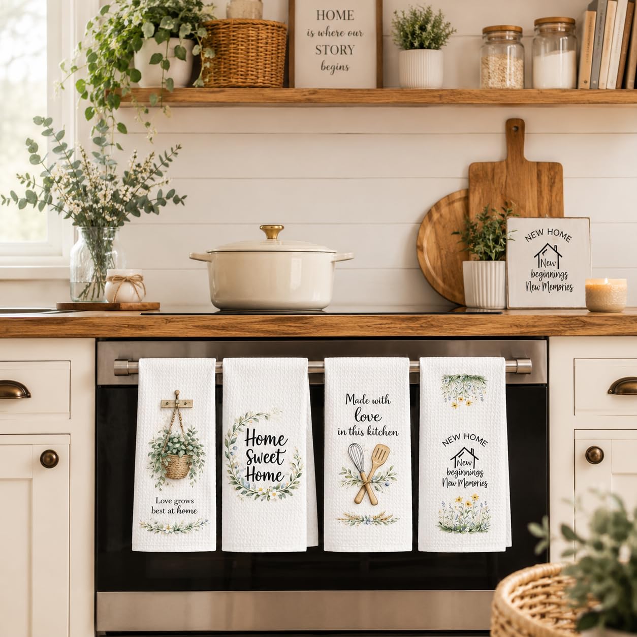 PUQGAOIP New Home Gifts, 4 Pack 40x60cm Waffle Tea Towels, Watercolour Printed House Warming Gifts New Home