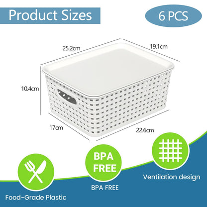 Ziglous 6-Pack Plastic Storage Baskets with Lids, Small Weave Basket Box