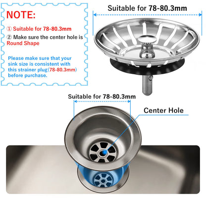 78mm Kitchen Sink Bowl Strainer and Plug, Stainless Steel Sink Plug for Kitchen Bowl Use, Kitchen Bathroom Food Hair Catcher Filter Stopper