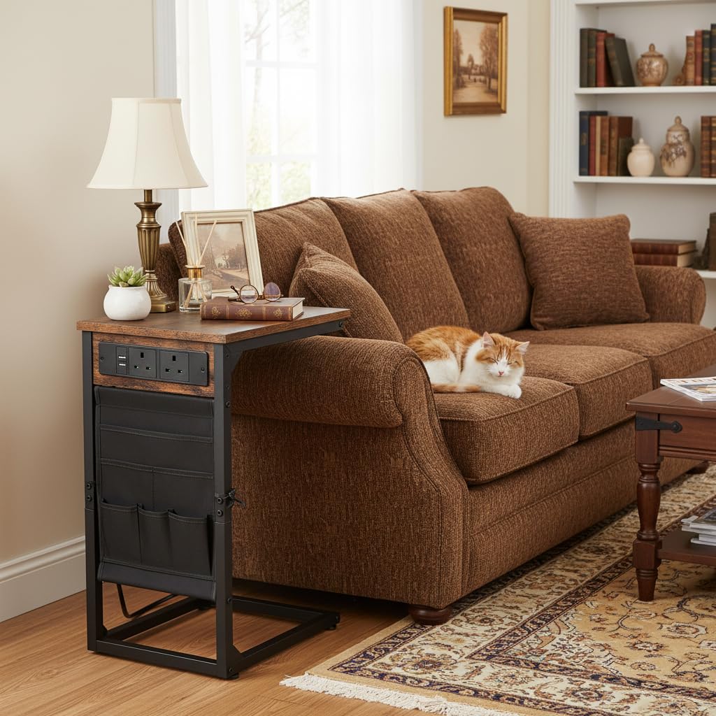AMHANCIBLE C-Shaped Side Table, Side Table with Charging Station