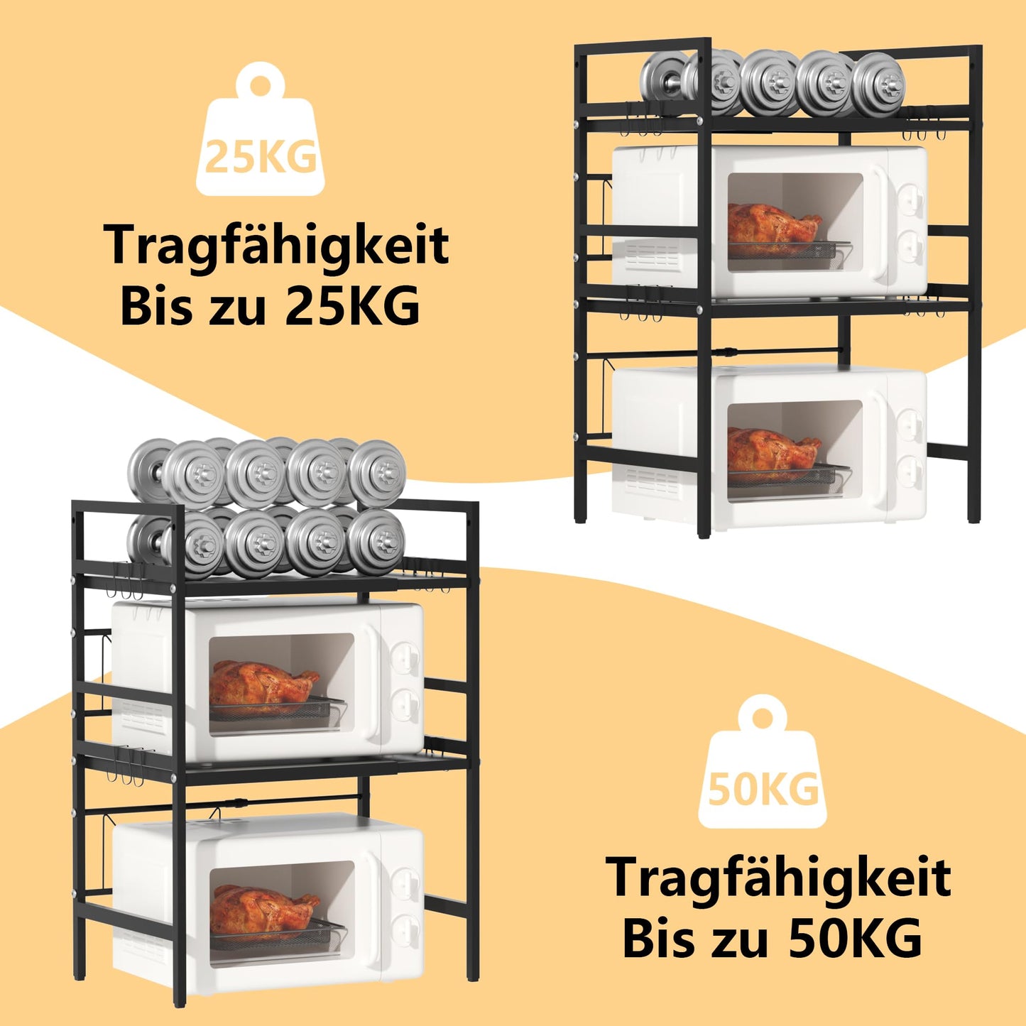 Furnestorica Retractable and Adjustable Microwave Rack, 3-Layer Microwave Shelf Made of Carbon Steel, Robust Holder with 6 Hooks