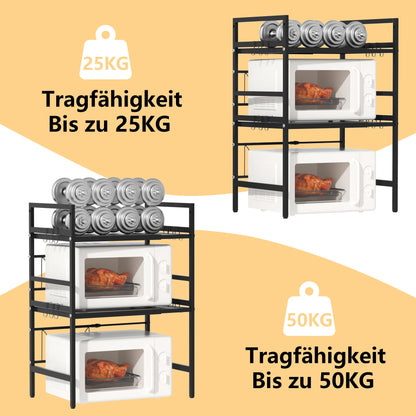 Furnestorica Retractable and Adjustable Microwave Rack, 3-Layer Microwave Shelf Made of Carbon Steel, Robust Holder with 6 Hooks