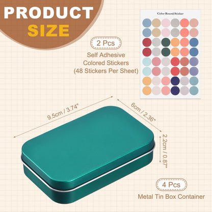 sourcing map 4Pcs Metal Tin Box Container, 3.7x2.4x0.9 Rectangular Empty Box with Self Adhesive Colored Stickers