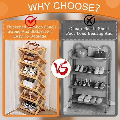Kiss Me 4-Tier Foldable Bamboo Shoe Rack Vertical Narrow Entryway Organizer