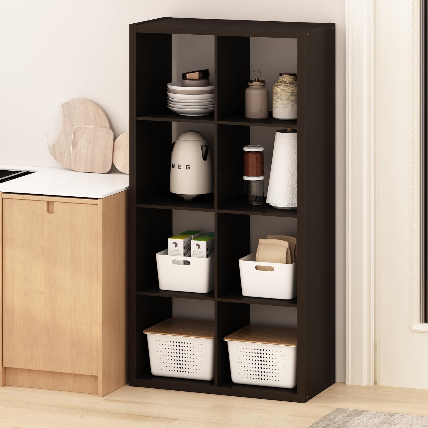 Furinno HERMITE Kitchen Island, 8-Cube Coffee Bar, Kitchen Storage, Bakers Rack, for Pantry Organizers and Storage, Kitchen Organization, Black Oak