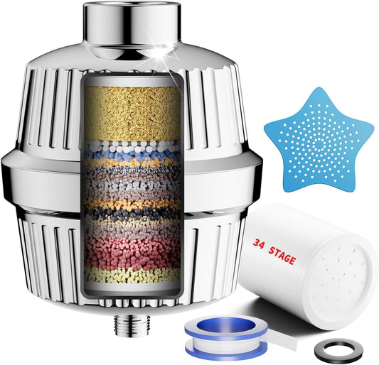 Cobbe 34 Stage Vitamin C Shower Filter, Water Softener Shower Head Filter with Replaceable Multi-Stage Filter Cartridge, Hard Water Filter for Remove
