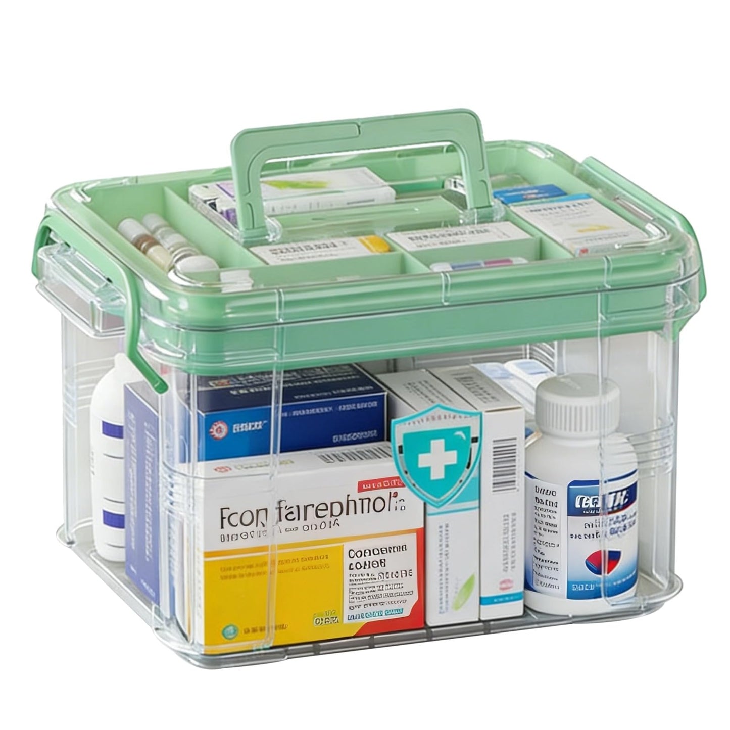 Calolin Small Medicine Storage Box, Double Layer Multi-Grid First Aid Box with Handle, Portable Medicine Organizer with Dividers