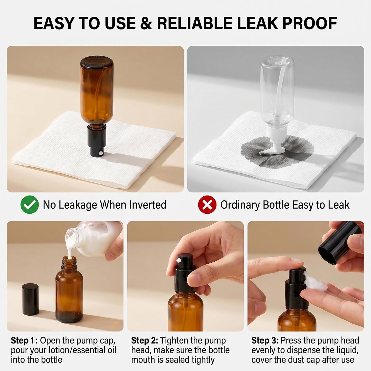 ASTRQLE 3Pcs 30ml/1oz Empty Amber Glass Lotion Pump Dispenser Bottles