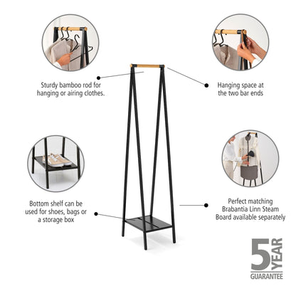 Brabantia - Linn Clothes Rack, Compact - Free Standing Clothing Rail - Clothes Storage - Hang, Air, or Dry Clothes - Sturdy Steel Frame & Bamboo Rod