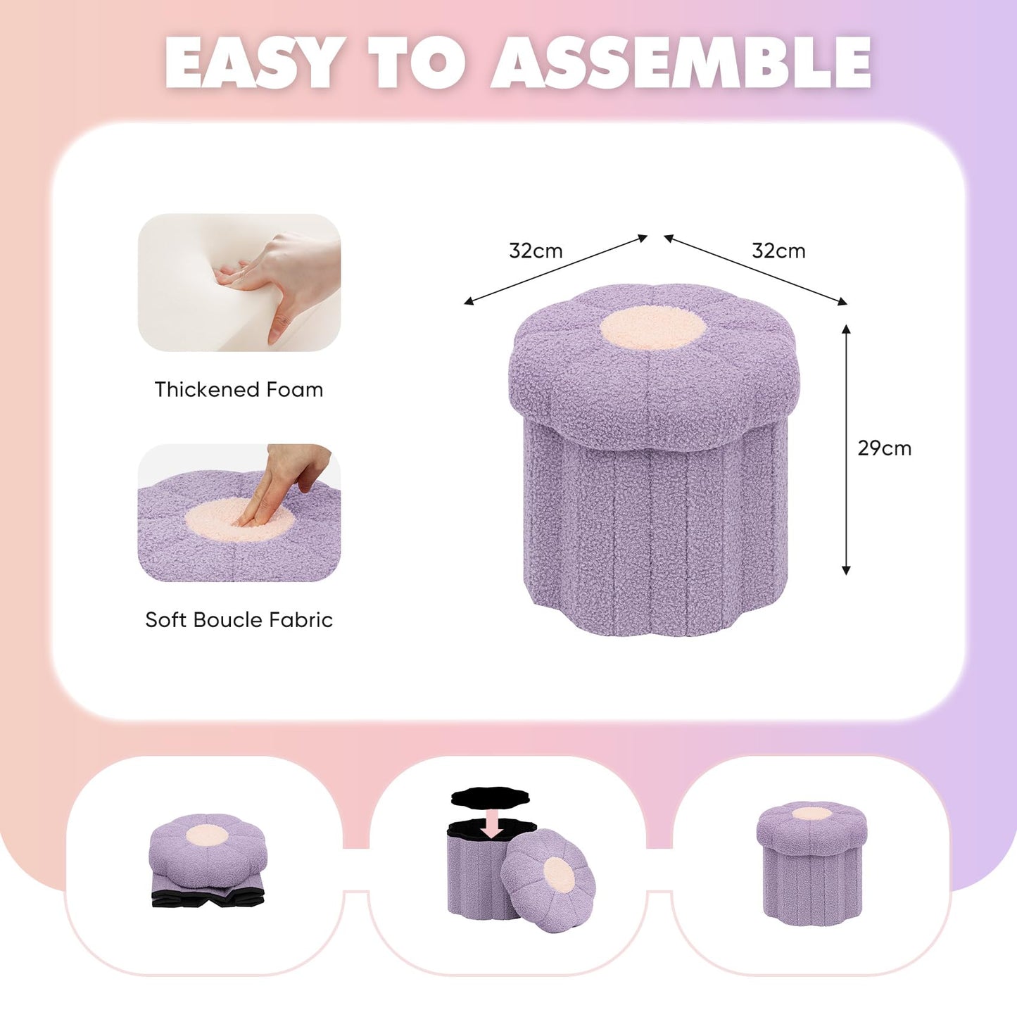 Bonlife Flower Shape Ottoman with Lid, Folding Footrest, Small Storage Box