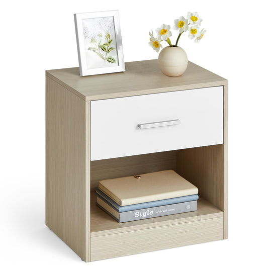VASAGLE Bedside, Side with Drawer, Handle, Open Compartment, End, for Bedroom, Living Room, Natural Beige and Classic White LET619T67